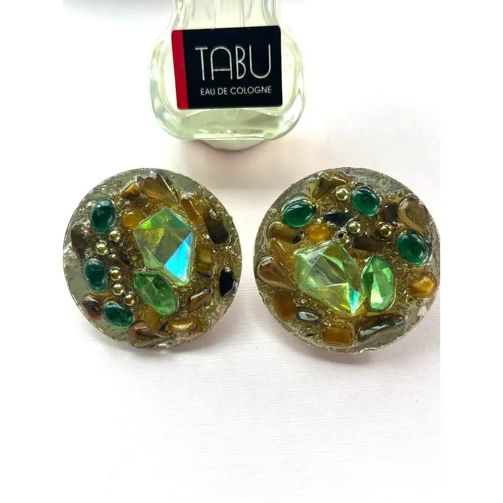 Vintage Big Button Gold Metallic & Green Crystals Earrings 1980